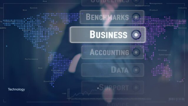 Data. A businessman selecting a Data business concept on a futuristic screen.