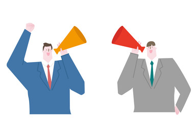 A vector illustration of a men in a suit cheering with a megaphone.