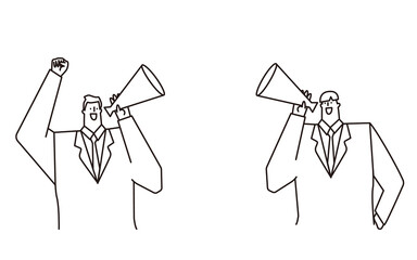 A vector illustration of a men in a suit cheering with a megaphone.