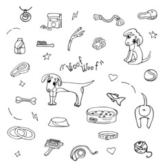 Set of icons of dogs, and dog accessories. Collar, leash, food, toys for dogs, bed, dog care. Hand drawn doodle style illustration isolated on white background.