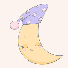 Vector illustration of a cute moon. The animals are sleeping.