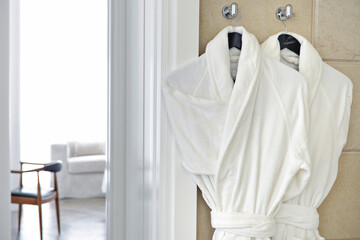 Bathrobe in a luxury hotel , White bathrobe, bathrobe for a couple