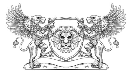 Obraz premium Coat of Arms Lion Griffin or Griffon Crest Shield