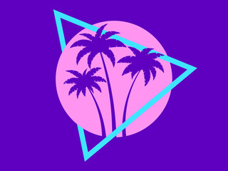 80s retro sci-fi palm trees on a sunset. Retro futuristic sun with palm trees. Summer time. Synthwave and retrowave style. Design for advertising brochures, banners and posters. Vector illustration