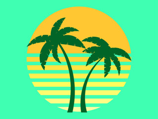 Retro futuristic palm trees in 80s style at sunset. Summer time, palm trees on the background of the sun, synthwave style. Design for advertising brochures and banners. Vector illustration