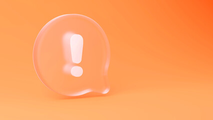 Attention sign in glassmorphism style on orange background 3d render