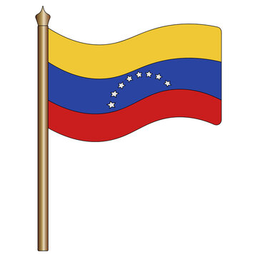 Flag of Venezuela. Vector illustration. The tricolor is decorated with eight stars. Bolivarian Republic of Venezuela. The national symbol of the state develops in the wind. Cartoon style. 