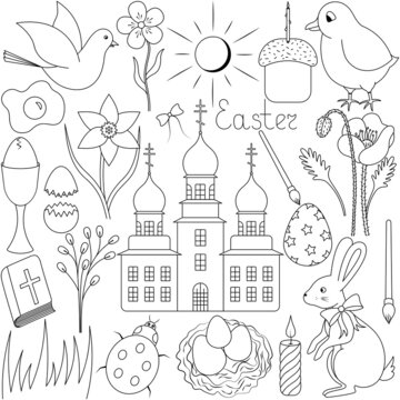 Easter set. Sketch. Spring symbols. Vector illustration. Doodle style. Coloring book. Holiday collection. Dove, daffodil, church, easter egg, hare. Bright Easter. Outline on isolated background. 