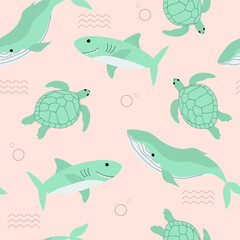 Cartoon shark, whale and turtle seamless pattern. Funny animals. Kids marine print. Hand drawn underwater world. Ocean.