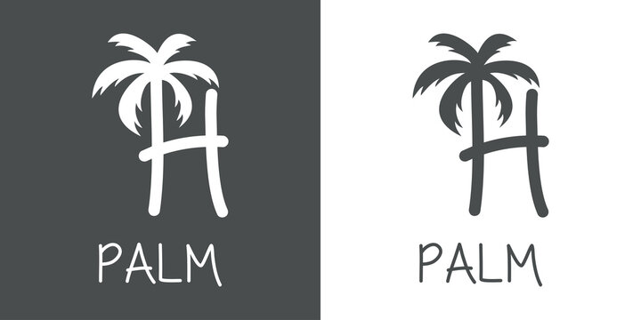 Logotipo texto Palm con letra H en tipograf&iacute;a con forma de silueta de palmera en fondo gris y fondo blanco
