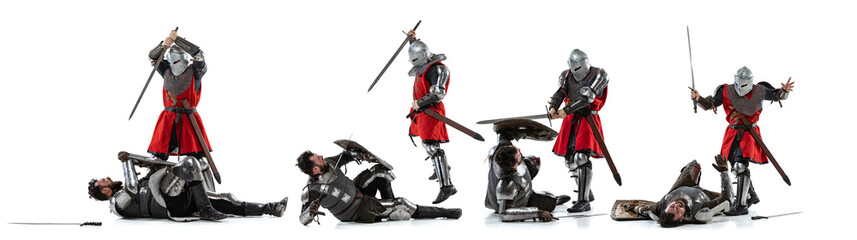 Battle. Brave armored knights with professional weapon fighting isolated on white studio background. Historical reconstruction of native fight of warriors.