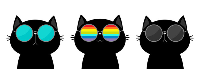 Cat wearing sunglasses eyeglasses set. Rainbow, blue, black lenses. Cute cartoon funny character. Kitten kitty in eyeglasses. Fashion animal. Sticker print. White background. Isolated. Flat design