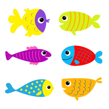 Fish set icon. Cute kawaii cartoon funny baby character. Marine life. Colorful aquarium sea ocean animals. Kids collection. Sticker print. Isolated. White background. Flat design.