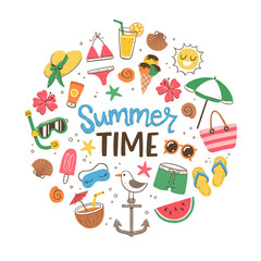Summer Time background. Colorful style. Cute hand-drawn summer icons. Isolated objects on white background.