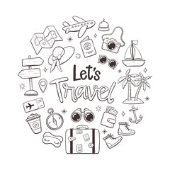 Travel holidays background. Doodle style. Cute hand-drawn travel icons. Isolated objects on white background.