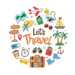 Travel holidays background. Colorful style. Cute hand-drawn travel icons. Isolated objects on white background.
