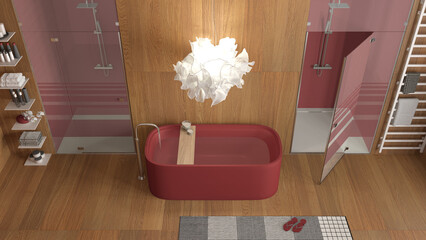 Contemporary wooden bathroom, in red tones, spa style, freestanding bathtub, shower with mosaic tiles, rack and shelves with accessories. Top view, above. Interior design concept