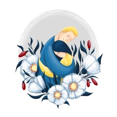 Digital illustration of hugs. Man and woman in flowers. Ukrainian art 