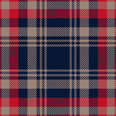 Red, blue and beige tartan plaid. Scottish pattern fabric swatch close-up. 