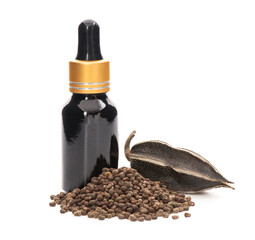 Abelmosk or Abelmoschus moschatus fruits ,seeds and essential oil isolated on white background.