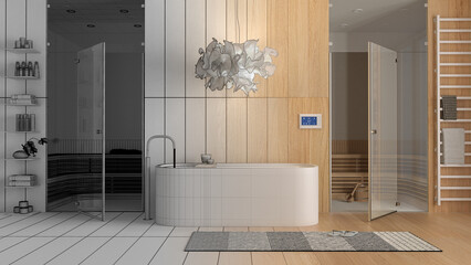 Architect interior designer concept: hand-drawn draft unfinished project that becomes real, bathroom, wellness center with bathtub, sauna room, rack with towels, shelves, carpet