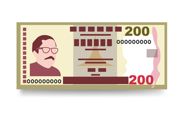 Bangladeshi Taka Vector Illustration. Bangladesh money set bundle banknotes. Paper money 200 BDT. Flat style. Isolated on white background. Simple minimal design.