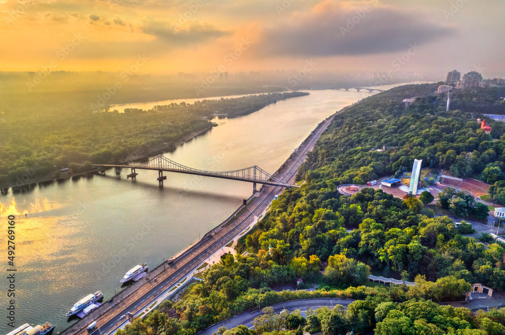 Sticker The Dnieper river with the Pedestrian Bridge in Kiev, Ukraine, before the war with Russia