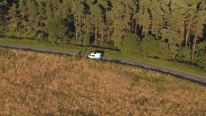 Drone shot of camper van driving