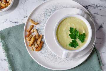 Puree soup served with croutons. Tasty soup.