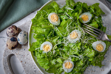 Delicious, spring - summer salad of green lettuce. Healthy and tasty food.