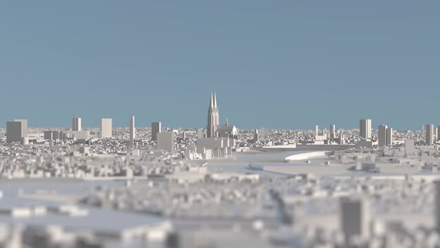 White 3D city model of Cologne. Lateral animation with depth of field and Cologne Cathedral in focus.