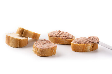 Toasted bread with pork liver pate isolated on white background	