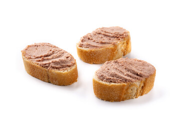 Fototapeta na wymiar Toasted bread with pork liver pate isolated on white background 