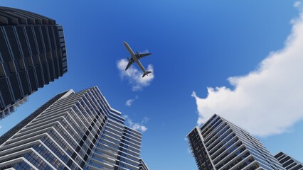 3D Illustration, Airplane flying above office buildings 