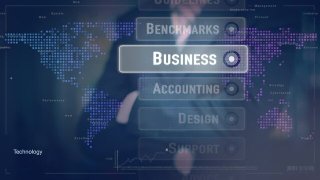 Design. A businessman selecting a Design business concept on a futuristic screen.