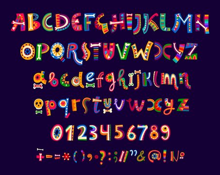 Mexican cartoon font of vector alphabet letters and numbers type. Mexico and Latin America typeface, calligraphy font with bright color floral ornaments, Day of the Dead sugar skulls and bones pattern