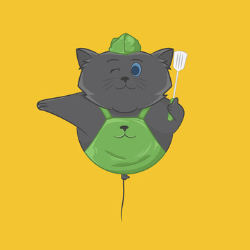 Gray cat balloon illustration with restaurant chef outfit and spatula in hand