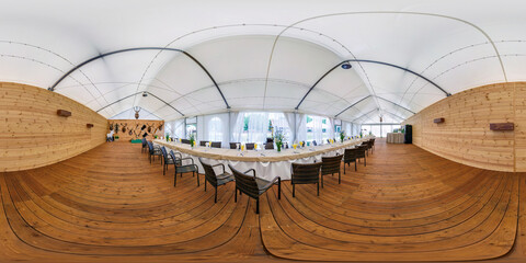 spherical hdr 360 panorama in interior of outdoor banquet hall with appliances in equirectangular...
