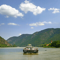 Ferry across the River Danube, Spitz, Wachau Valley - UNESCO World Heritage Site, Lower Austria - obrazy, fototapety, plakaty