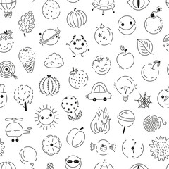 Vector Seamless Pattern with various doodle line art icons for kids design. Childish Black White Background