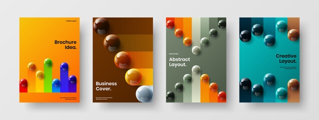 Naklejka premium Clean realistic spheres magazine cover illustration collection. Geometric company identity A4 vector design template set.