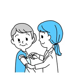 イラスト素材：シニア高齢者への新型コロナワクチン接種（予防接種/笑顔/主線あり/単色）
