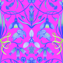 Classical seamless ornament with elephants, snowdrops and primroses. Bright seamless vector patterns in Indian style. Asian aesthetics for surface design, wallpaper, textile, fabric.