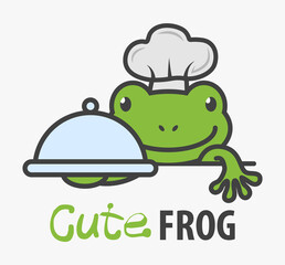 Cute vector frog Chef Serving Dish. Funny toad logo or mascot.