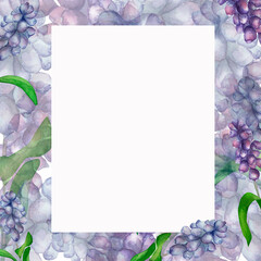 Purple spring flowers yellow watercolor frame. violet background