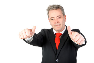 Business man with thumbs up. Looking at camera, wearing a suit. Isolated on white background. 45-50 years old caucasian man.