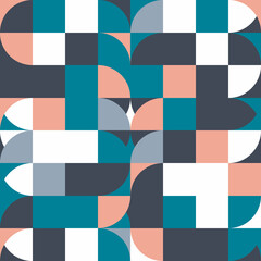 Mid-century geometric abstract vector seamless pattern with simple shapes and retro color palette. Simple composition for web design, branding, invitations, posters, textile and wallpaper.