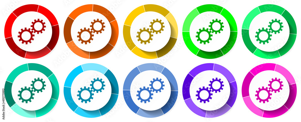 Poster Technology icon set, cogwheel flat design vector illustration in 10 colors options for mobile applications and webdesign