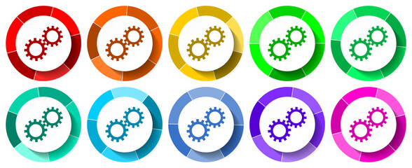 Technology icon set, cogwheel flat design vector illustration in 10 colors options for mobile applications and webdesign