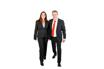 Happy Business man and business woman. Wearing a suit, smiling looking at camera. Isolated on white background. 45-50 years old.